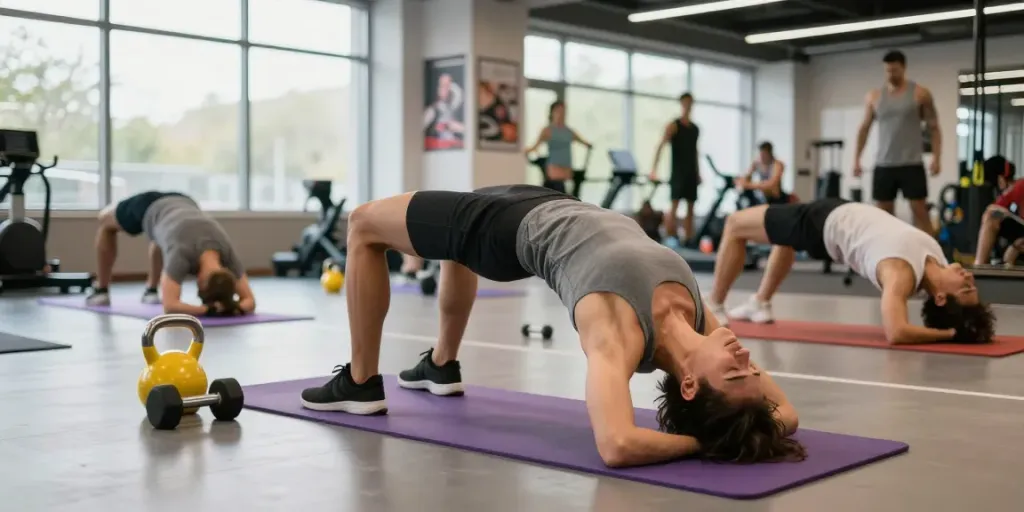 BPC-157 TB-500 blend: Individual performing recovery exercises with gym equipment in a vibrant fitness studio.