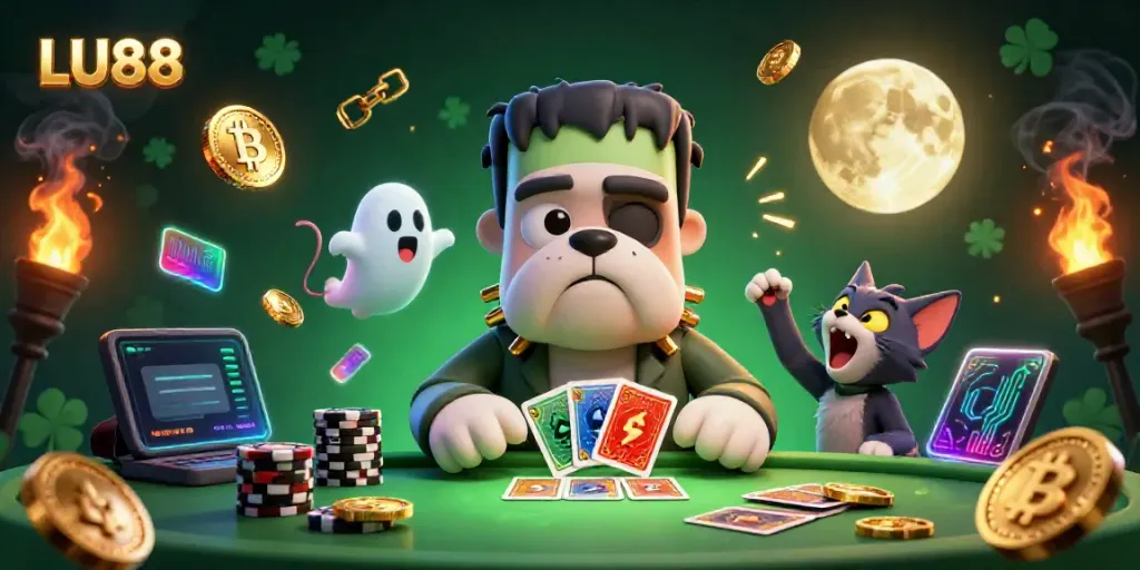 Engage in thrilling card games at LU88 with a spooky atmosphere and vibrant elements.