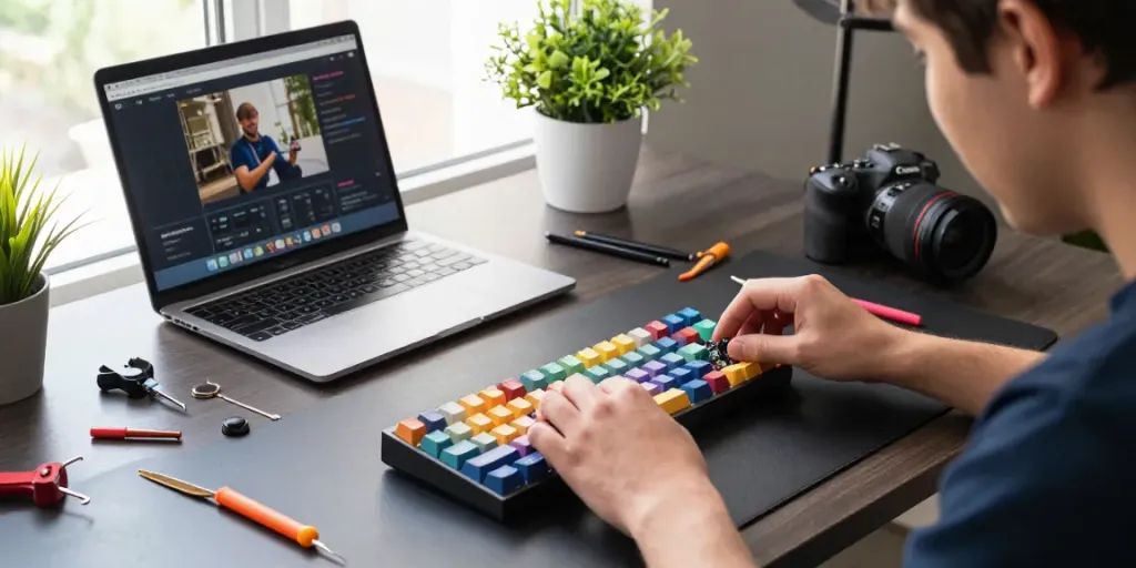 Assembling a Wooting 60HE v2 case in a creative workspace with keycaps, switches, and tools.