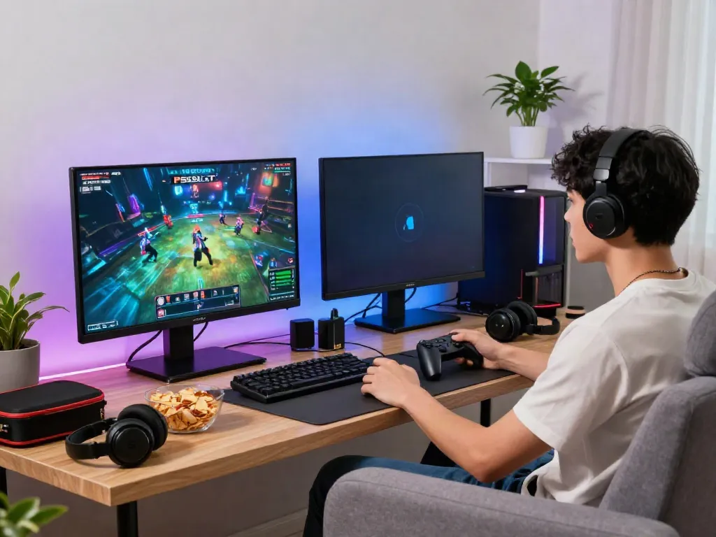 Engaged gamer playing PSGSLOT in a modern living room filled with vibrant colors and accessories.