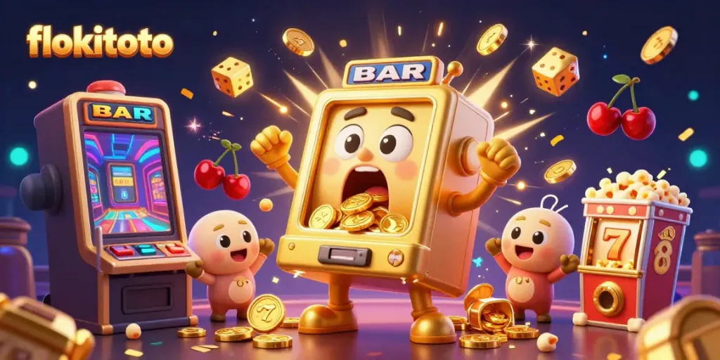 Experience the excitement of flokitoto with a golden slot machine winning a jackpot, surrounded by delightful casino elements.
