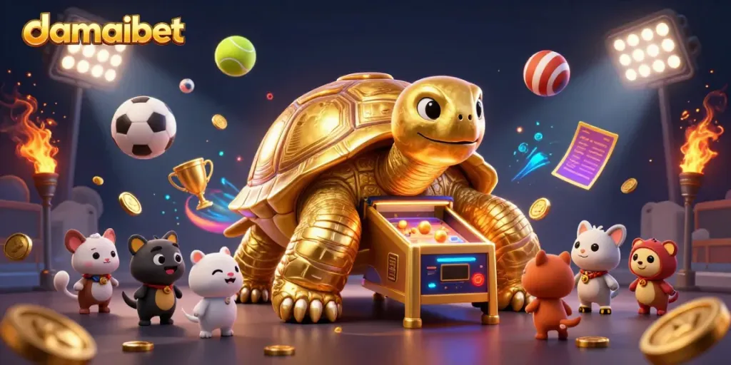 Damaibet showcases thrilling gaming action with a golden tortoise pinball machine and excited players.