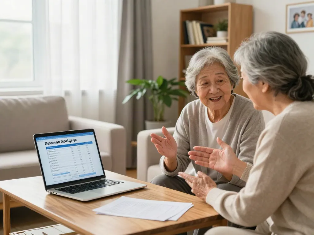 Couple discussing reverse mortgages in their cozy living room with financial documents.