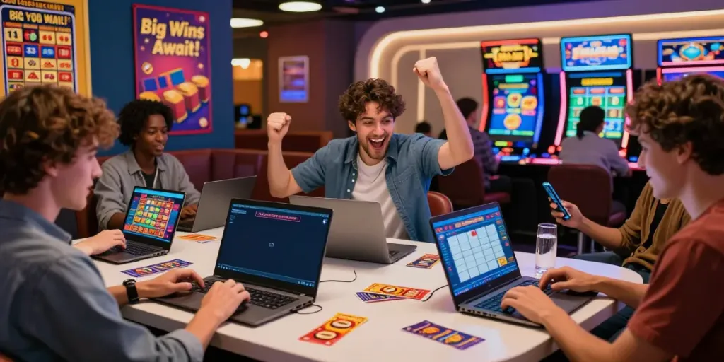 Ratutogel, pemain merayakan kemenangan di lingkungan kasino online yang ceria dan dinamis