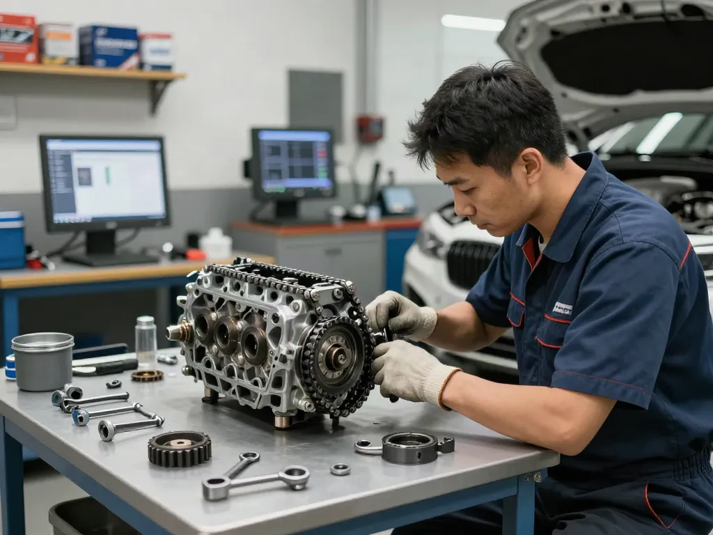 Professioneller Mechaniker bei der Arbeit am BMW Steuerkette wechseln in einer gut organisierten Werkstatt.