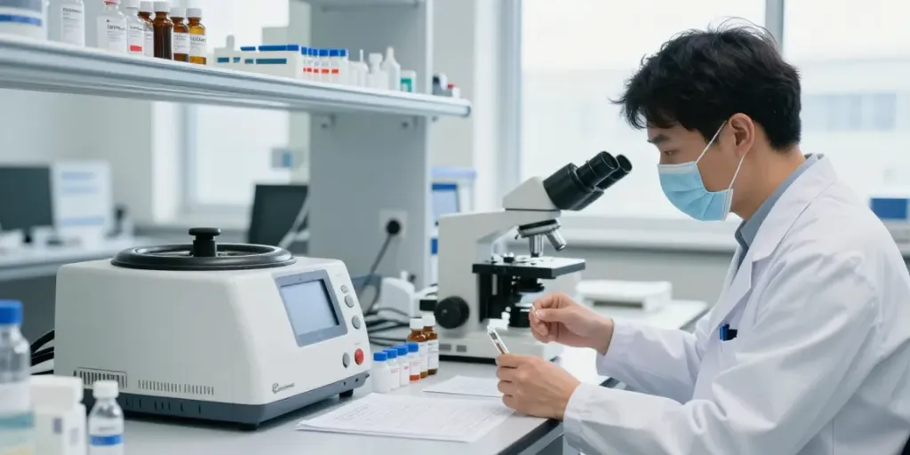 SwissChems researcher examining serum samples in modern lab.