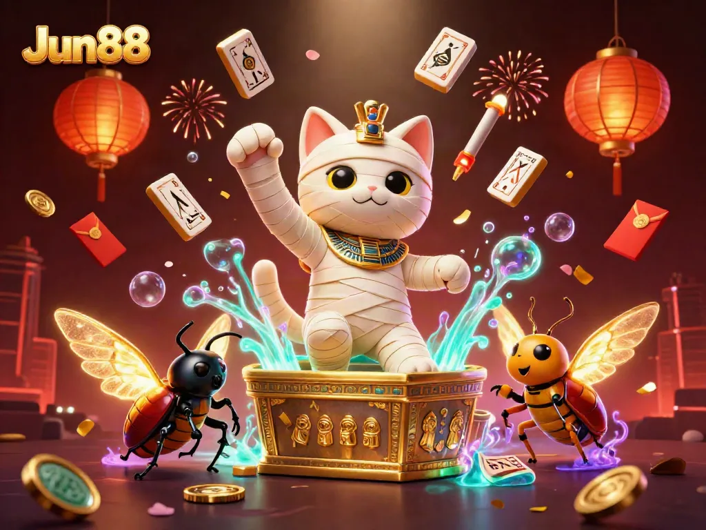 Engage in thrilling gameplay at Jun88, featuring a mummy cat and glowing scarab in a vibrant casino scene.