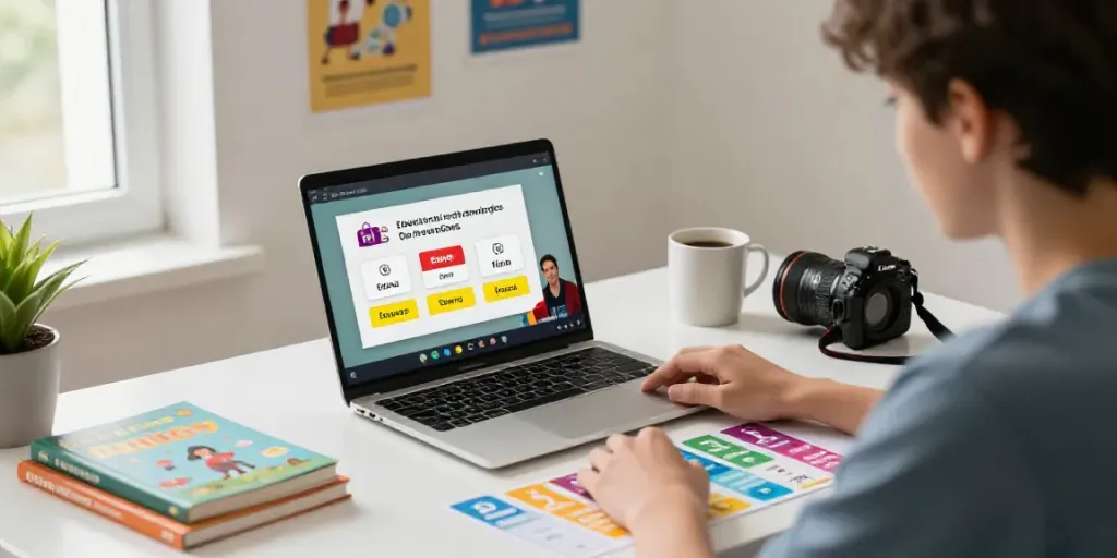 Student learning English online with interactive tools and educational materials in a cozy workspace.