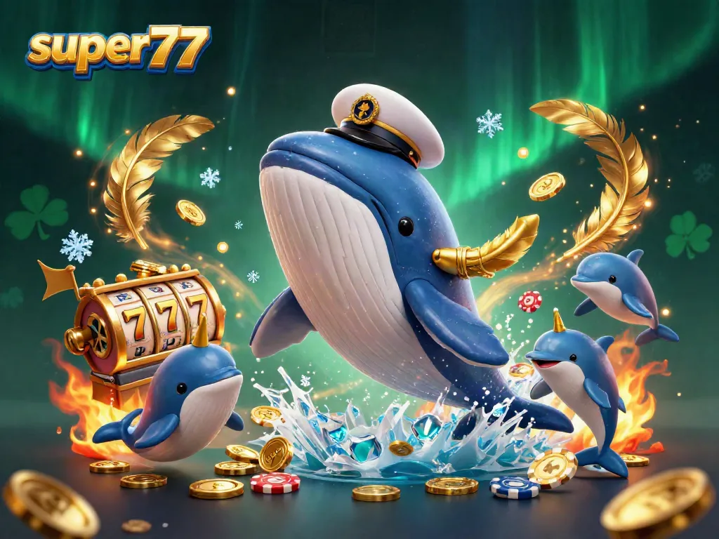Experience thrilling gameplay with Super77, a whimsical scene of a whale and friends surrounded by slot reels and coins.