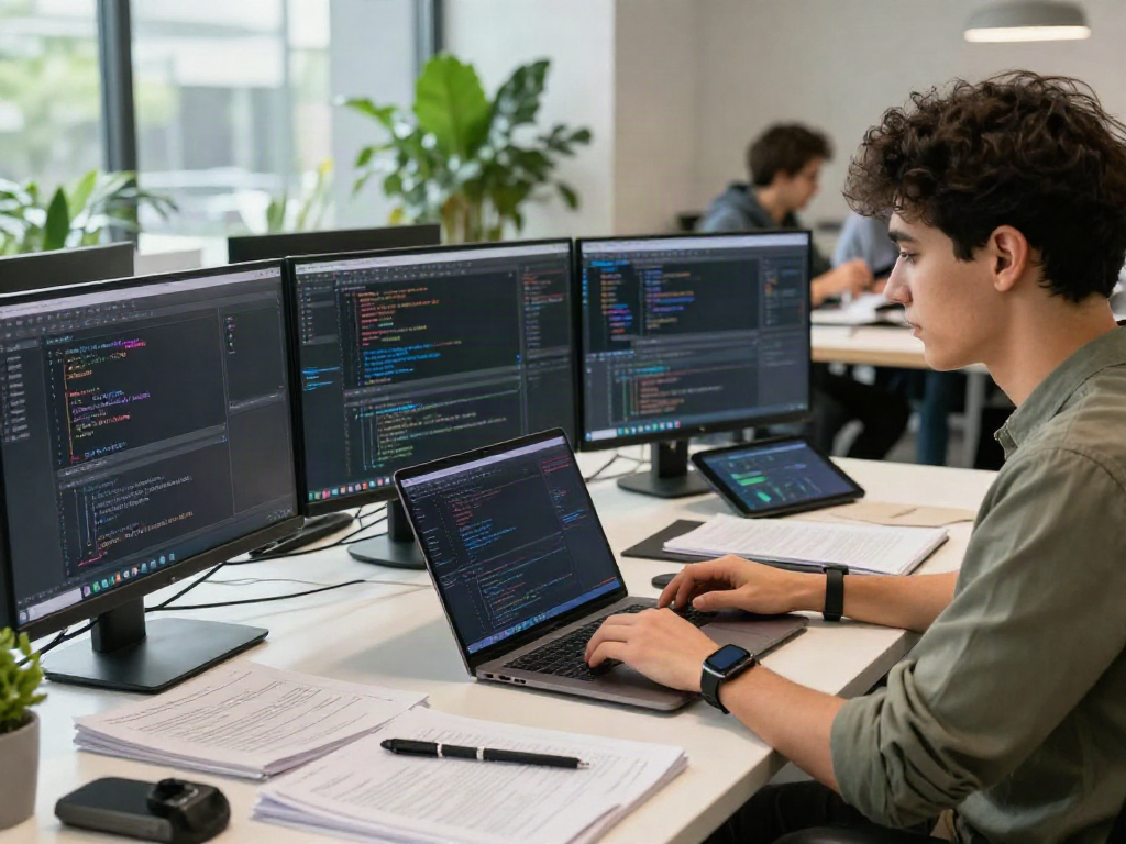 Engaging workspace with a developer coding on multiple screens, highlighting a vibrant spotify mod experience.