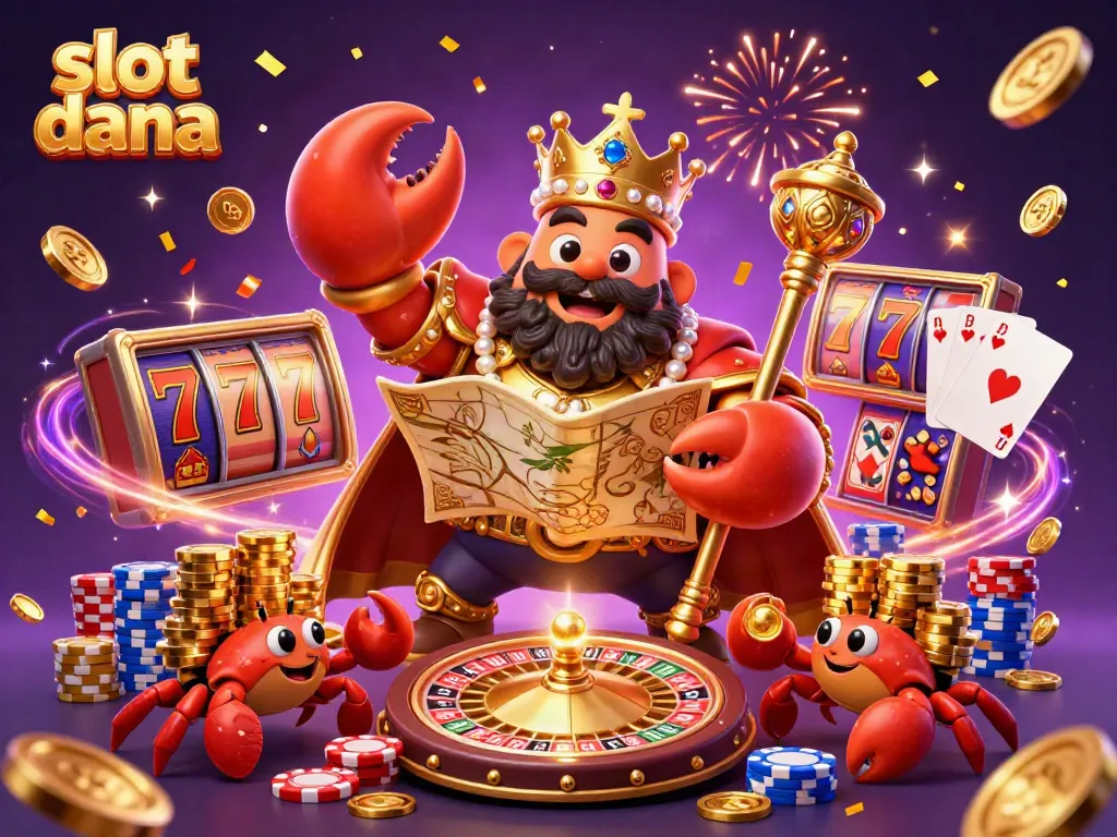 Experience the excitement of slot dana in a vibrant casino scene with a golden crab emperor and treasures.