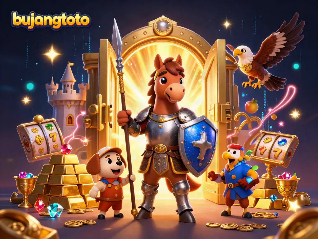 Experience the thrill of bujangtoto with a vibrant 3D casino scene featuring iconic gaming elements.