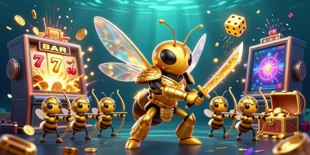 Experience thrilling action at CS Gambling Sites with a golden hornet warrior and exciting casino elements.