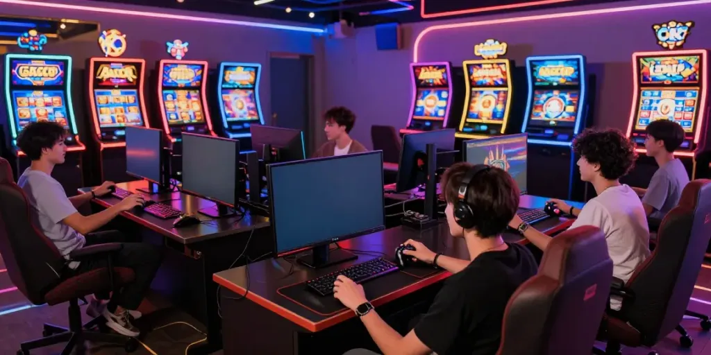 Engaged players enjoying slot gacor games in a vibrant gaming lounge.