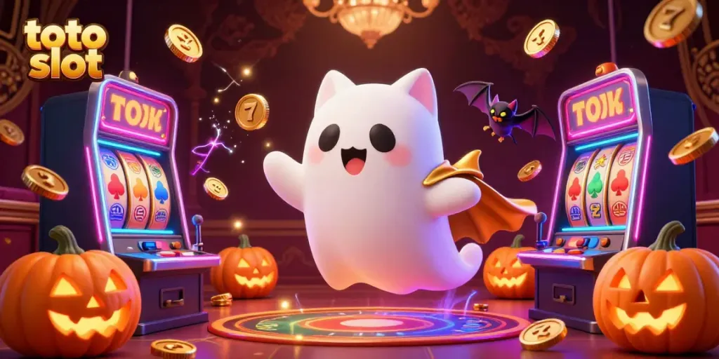 Engage with toto slot's vibrant casino world featuring a playful ghost cat and jackpot symbols.