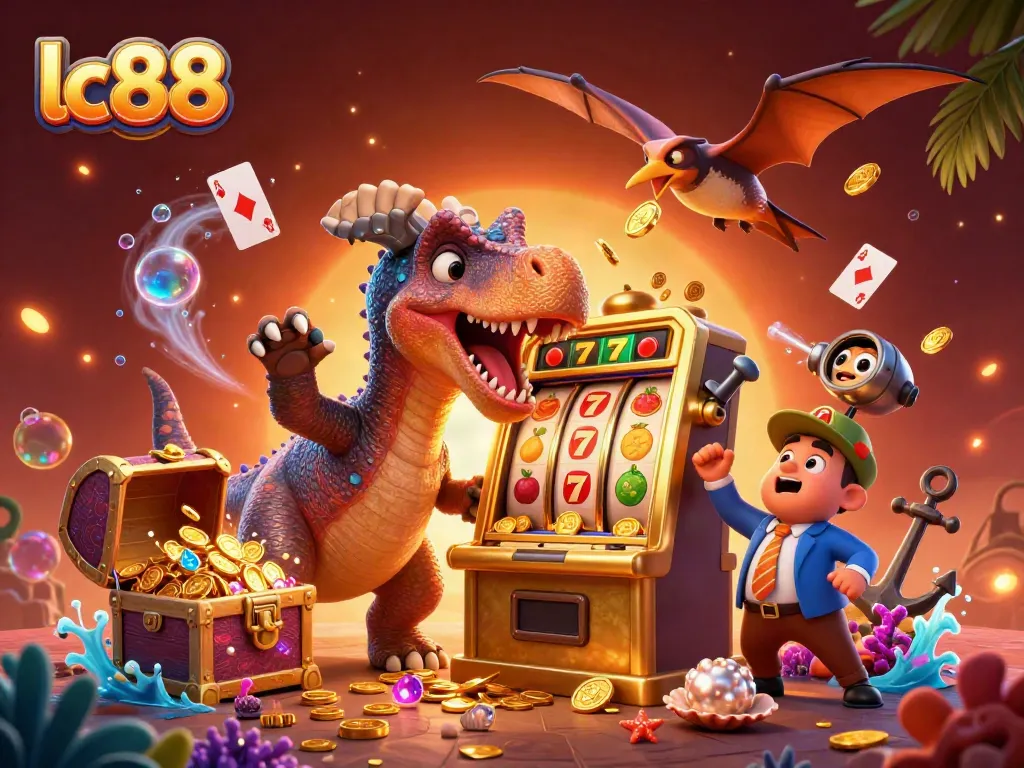 lc88 features a pachycephalosaurus winning jackpot coins while a casino manager panics amidst a colorful slot scene.