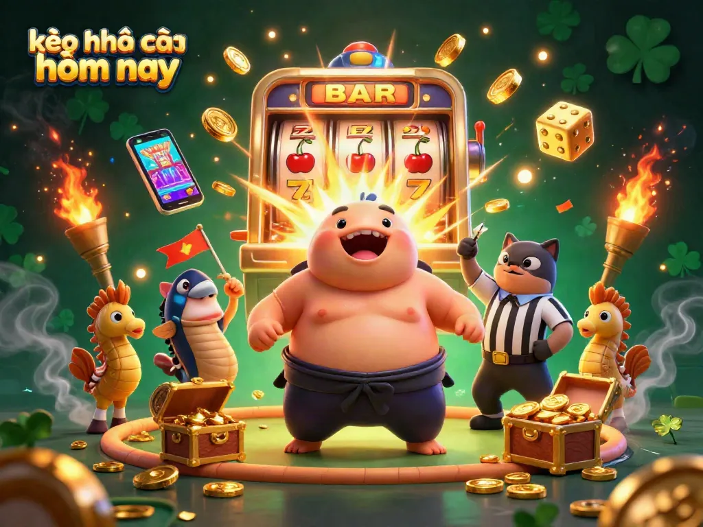 Engage in thrilling kèo nhà cái hôm nay with a dynamic 3D casino illustration featuring vibrant characters and elements.