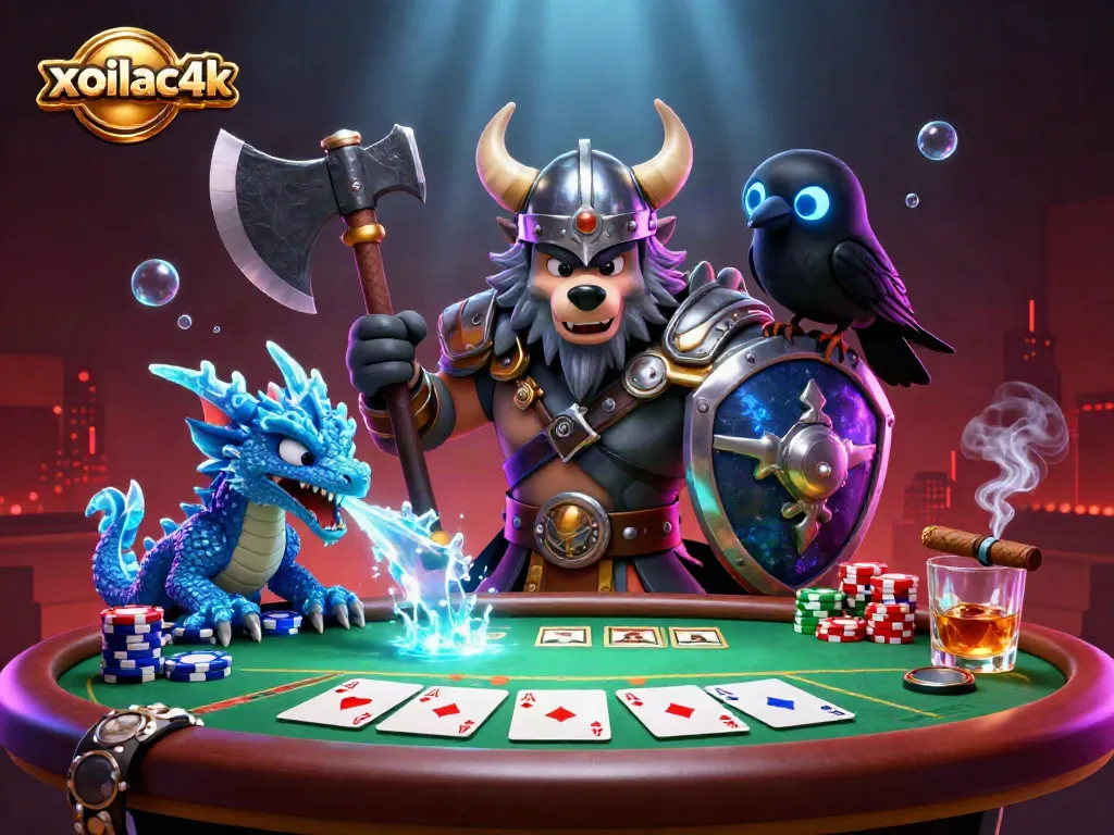 Engage in exciting poker action with the vibrant characters and gambling elements of xoilac4k.