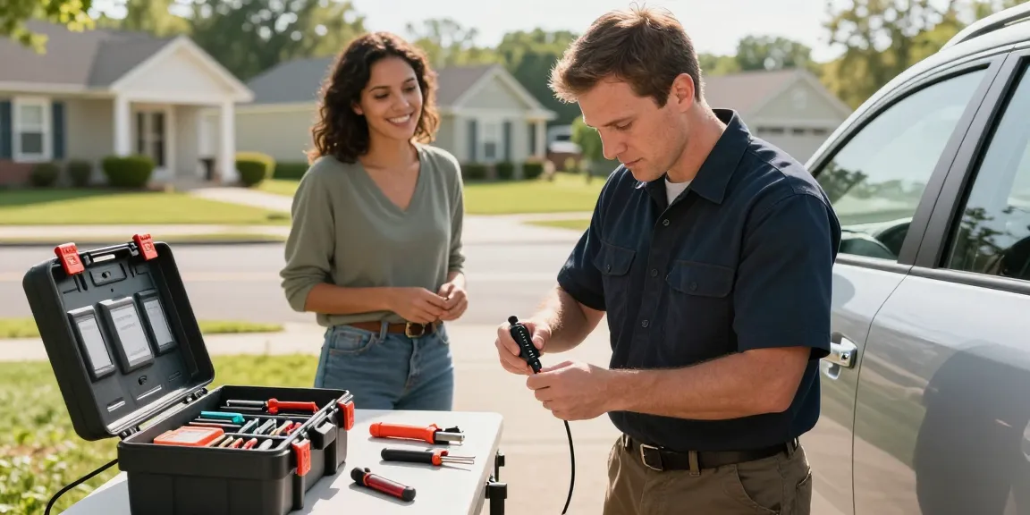 Emergency locksmith Raleigh technician unlocking a car door in a suburban neighborhood.