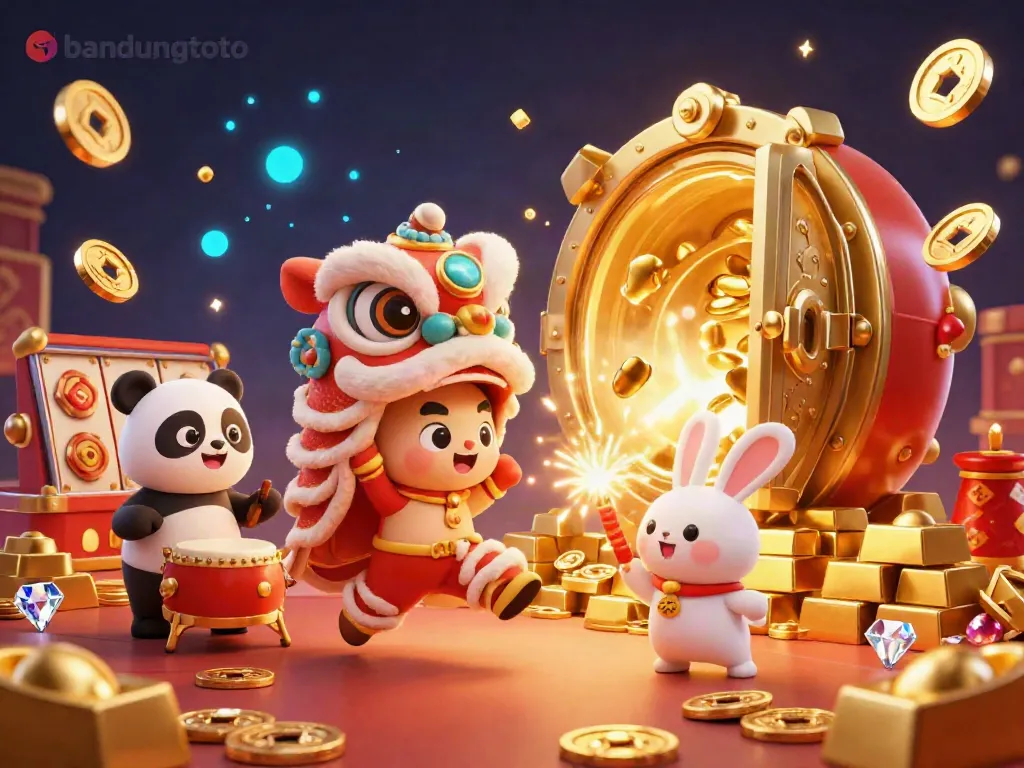 Experience the exciting world of bandungtoto through a lively casino scene with vibrant characters and gleaming treasures.