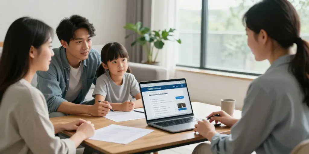 Families exploring refinance home loans with a mortgage broker in a bright living room.