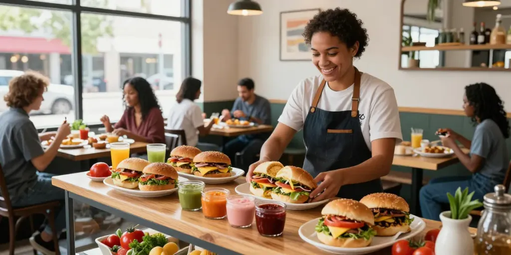 Breakfast near me (Austin Texas area) featuring a vibrant cafe scene with NYC-inspired breakfast sandwiches and happy staff.