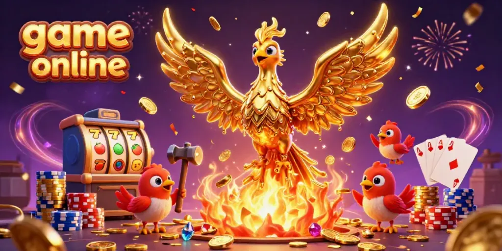 Win big with game online in this dynamic illustration featuring a golden phoenix and casino treasures.