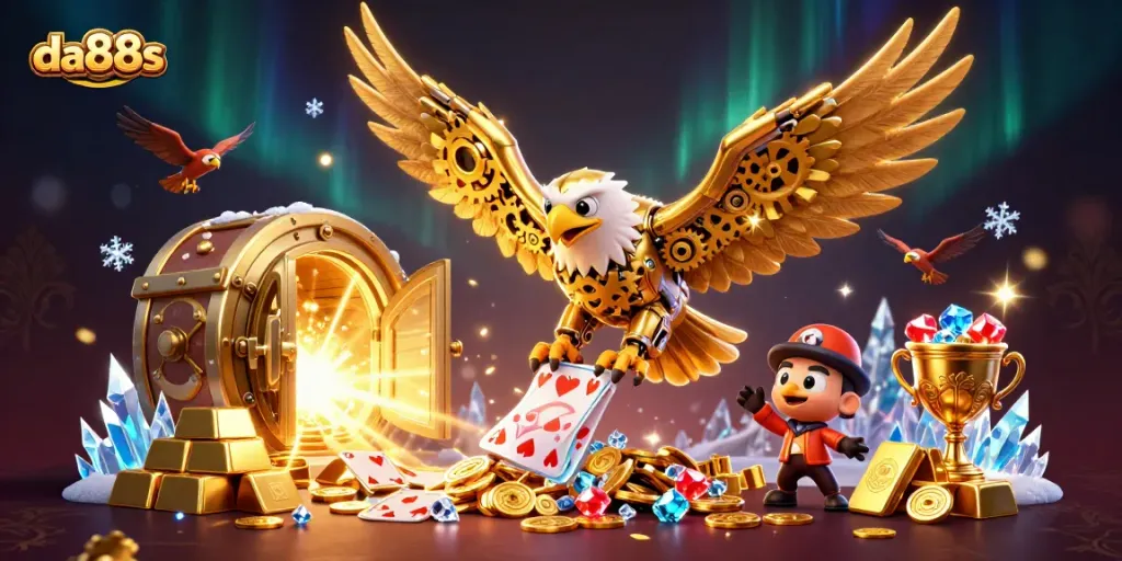 Engage in thrilling gameplay at da88s with a vibrant scene of cybernetic eagle and treasure.