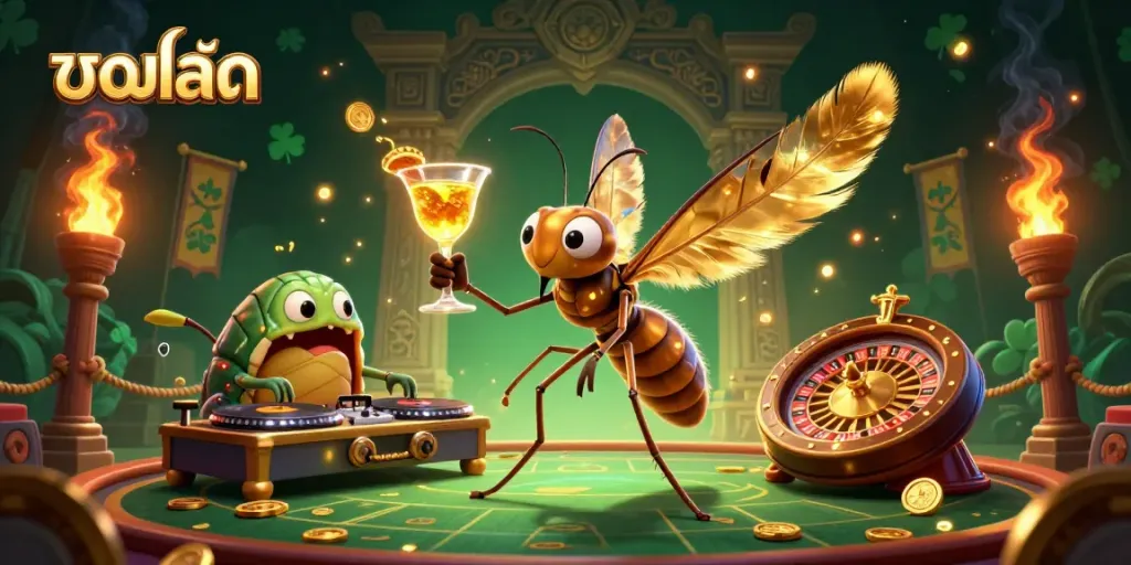 Experience the thrill of บอลสด with a vibrant 3D casino scene featuring dynamic characters and elements.