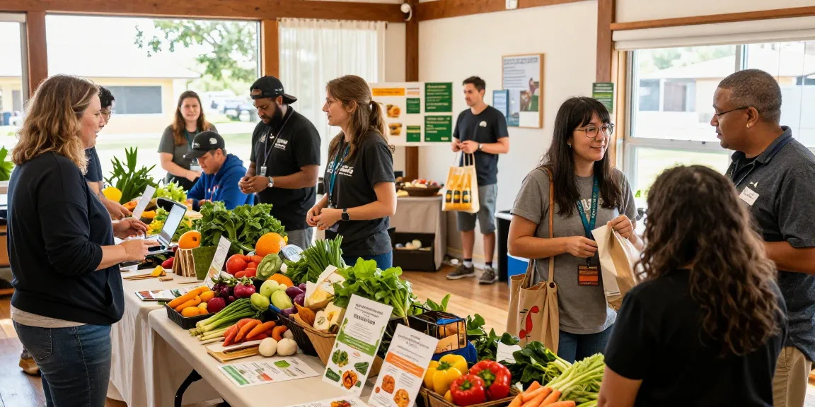 Community event at springshall.org showcasing local food cooperatives with fresh produce and volunteer support.