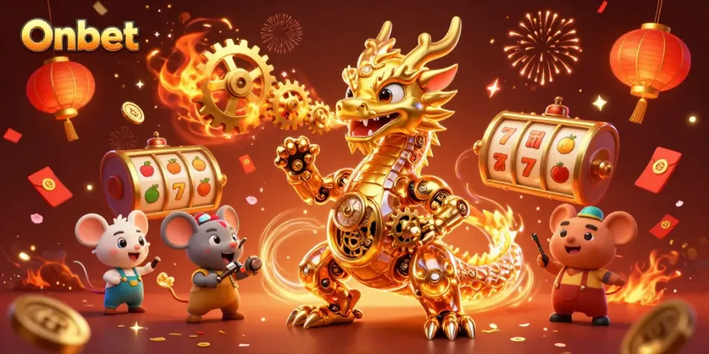 Experience thrilling gameplay with Onbet’s dazzling dragon, rich slot symbols, and celebratory elements