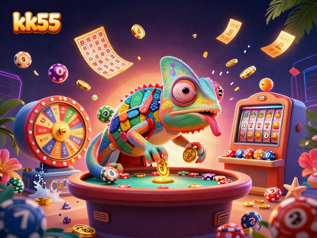 kk55 features an engaging chameleon casino owner amidst vibrant lottery balls and jackpot elements.