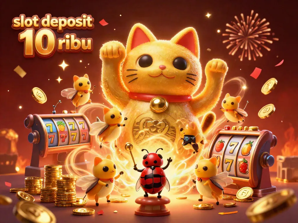 Experience the thrilling excitement of slot deposit 10 ribu with a vibrant scene of lucky symbols and golden fireflies.