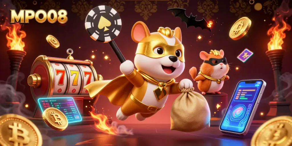 Join the action with MPO08, featuring a superhero dog soaring with gold coins amidst slots and crypto elements.
