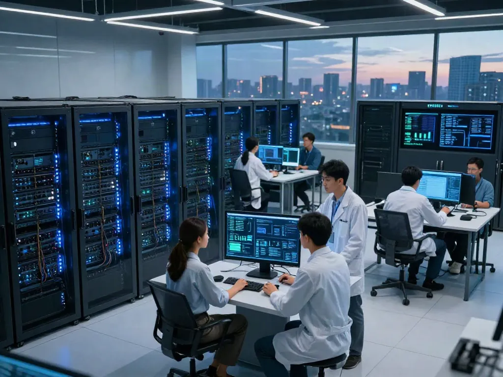 AI data center with GPU servers and technicians analyzing data in a modern facility