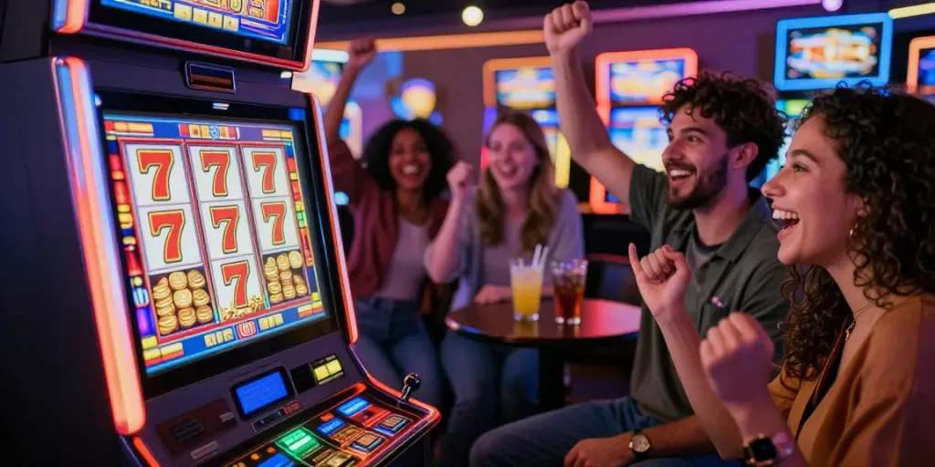 Slot777 mesin jackpot dengan pemain bahagia di kasino.