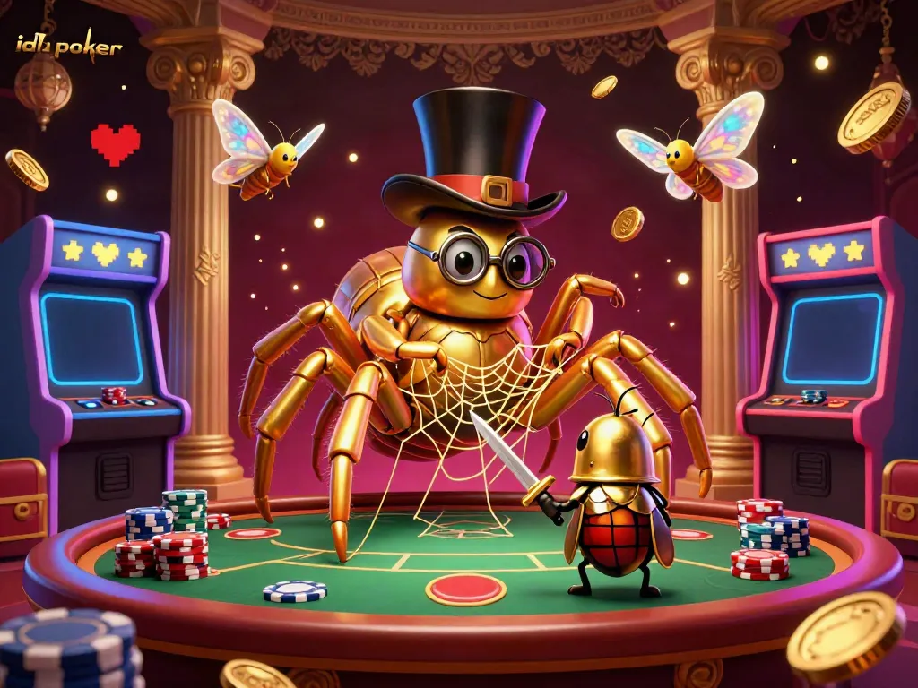 Engage in the exciting world of idn poker, highlighted by a golden tarantula and adventurous beetle knight in a vibrant casino.