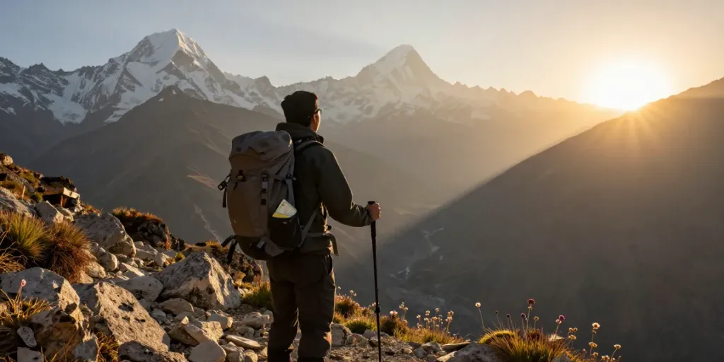 Trek to Manaslu Circuit with a traveler enjoying panoramic mountain views at sunset.