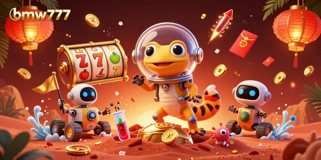 Memainkan bmw777 seperti 3D kartun Martian gecko menemukan kasino emas dengan slot dan simbol keberuntungan.