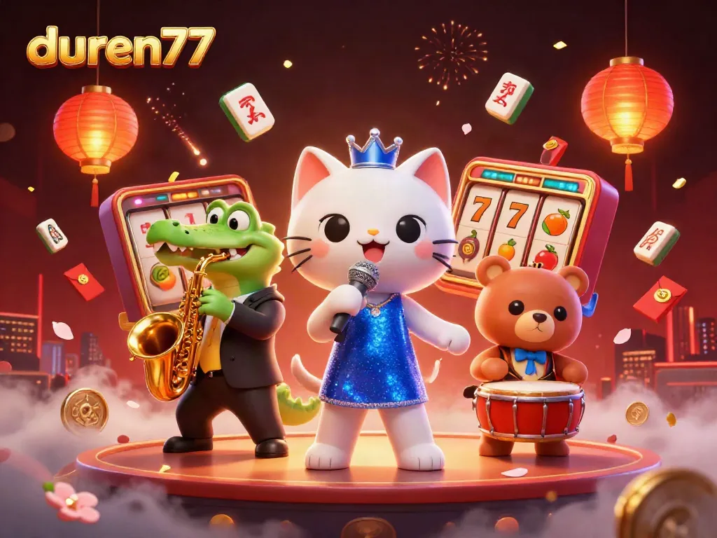 Permainan slot DUREN77 yang menghibur dengan karakter unik dalam suasana kasino yang meriah.