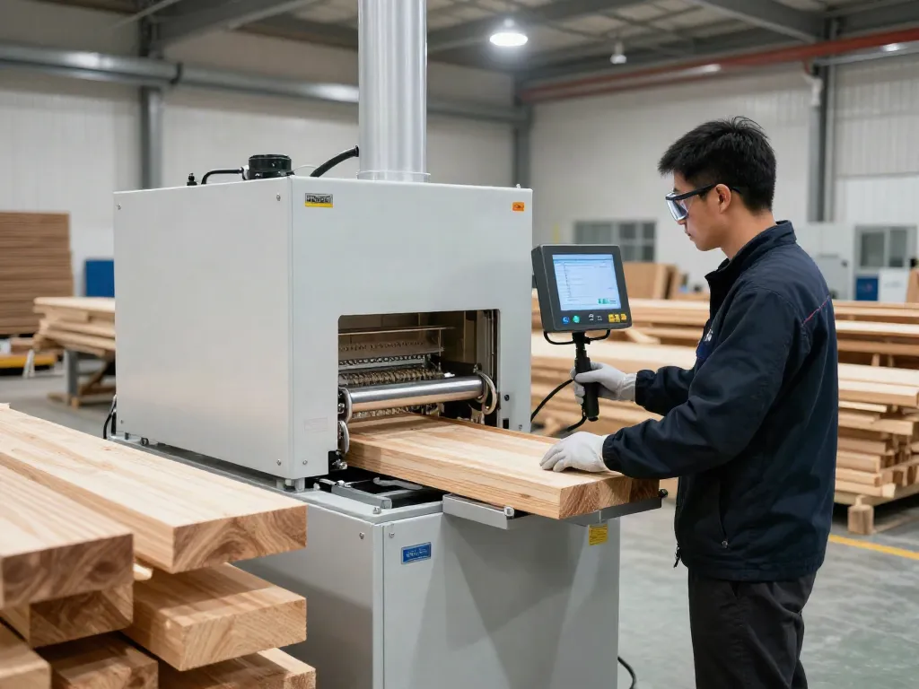SHASHEL® technician using microwave treatment equipment to eliminate wood-boring insects in a professional workshop.