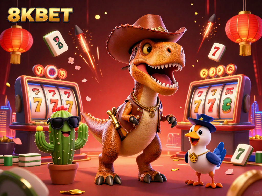 Experience the thrill of 8KBET with vibrant characters and exciting casino elements in a dynamic scene.