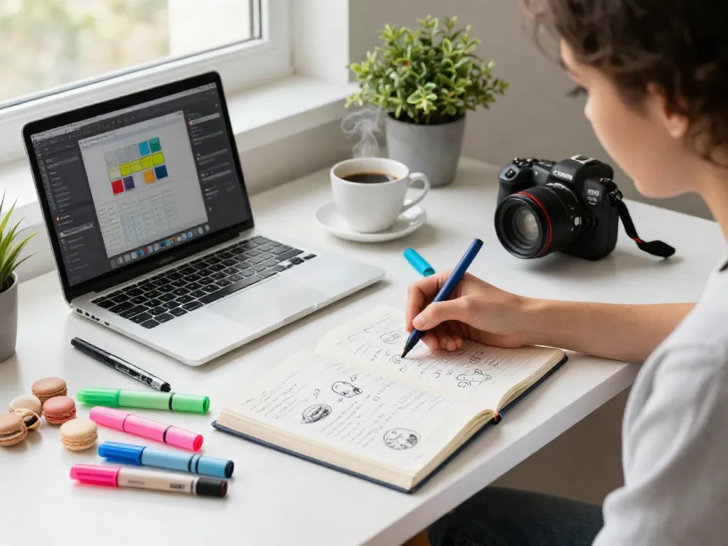 Highlighter pen supplier workspace with colorful highlighters, a notebook, and a laptop.