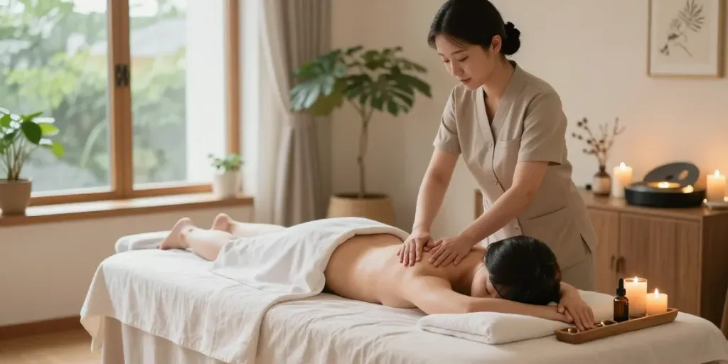 서울출장마안마 therapy session in a serene home spa with calming ambiance and therapeutic elements.