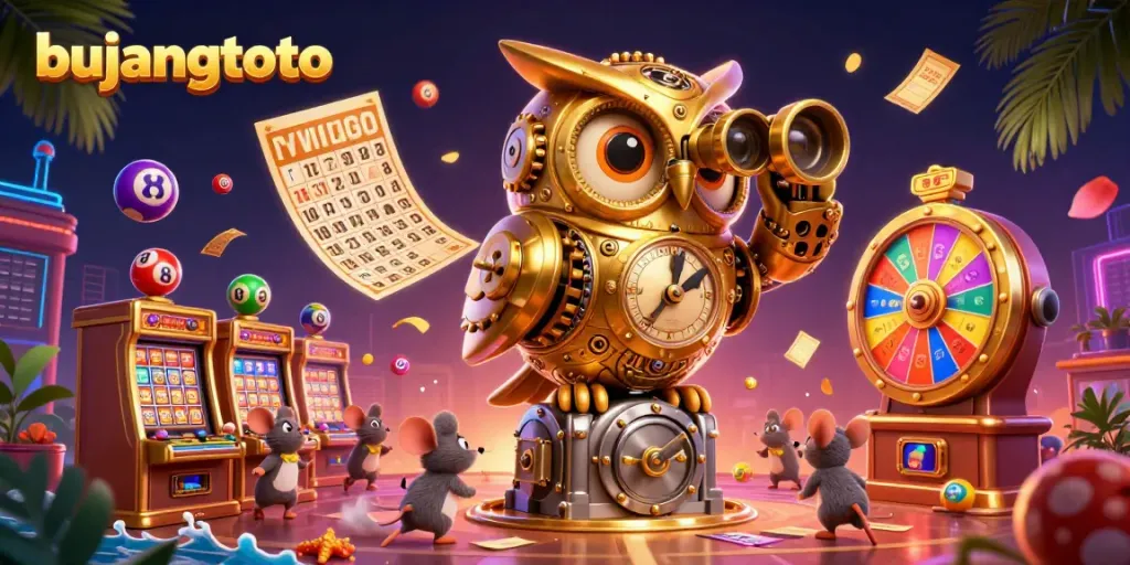 Engage with bujangtoto's vibrant casino world featuring a golden owl, lively game elements, and dynamic visuals.