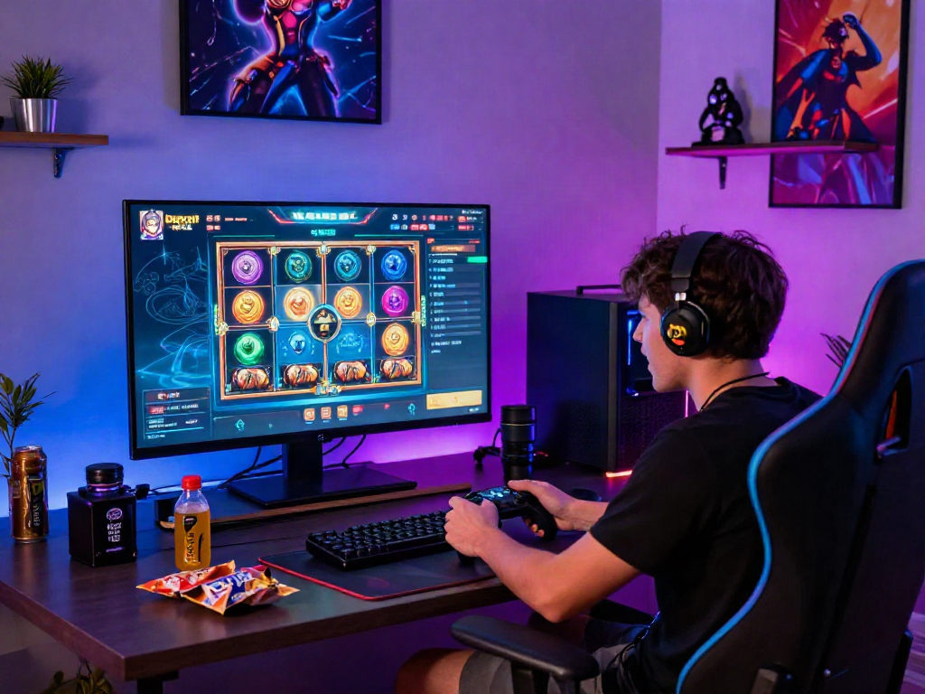 Engaged gamer using slot deposit qris on large screen within modern living room gaming setup.