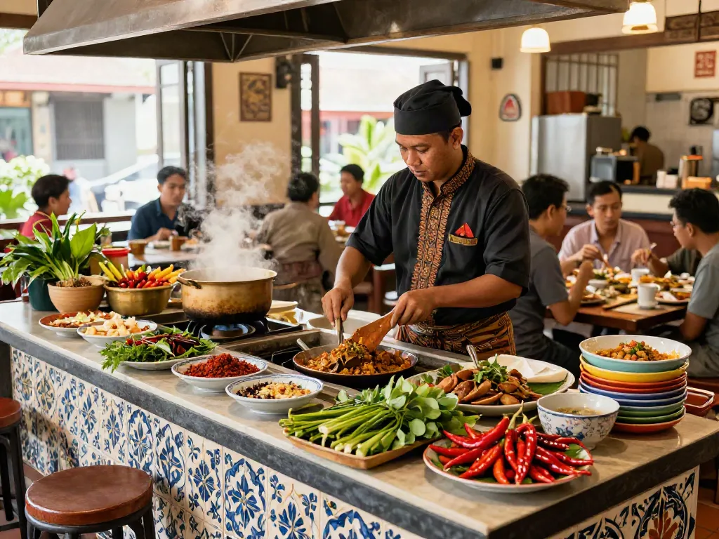 Nyonya4d chef preparing vibrant Peranakan dishes in a bustling restaurant kitchen.