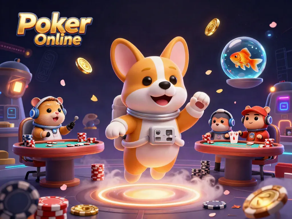 Play Poker Online in a dynamic casino-themed 3D world with vibrant characters and exciting elements.