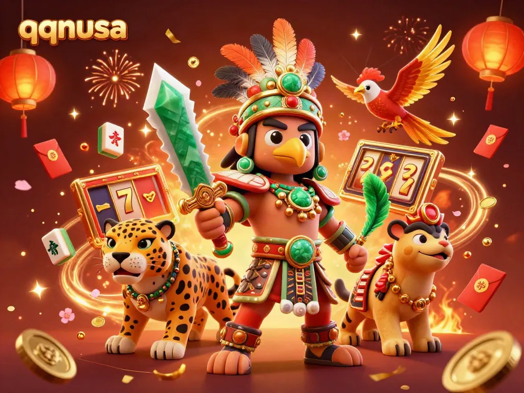 Experience thrilling qqnusa adventures with an Aztec warrior group amidst vibrant casino elements.