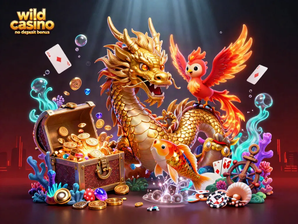 Experience the thrilling wild casino no deposit bonus with a vibrant 3D illustration featuring casino elements and energetic characters.